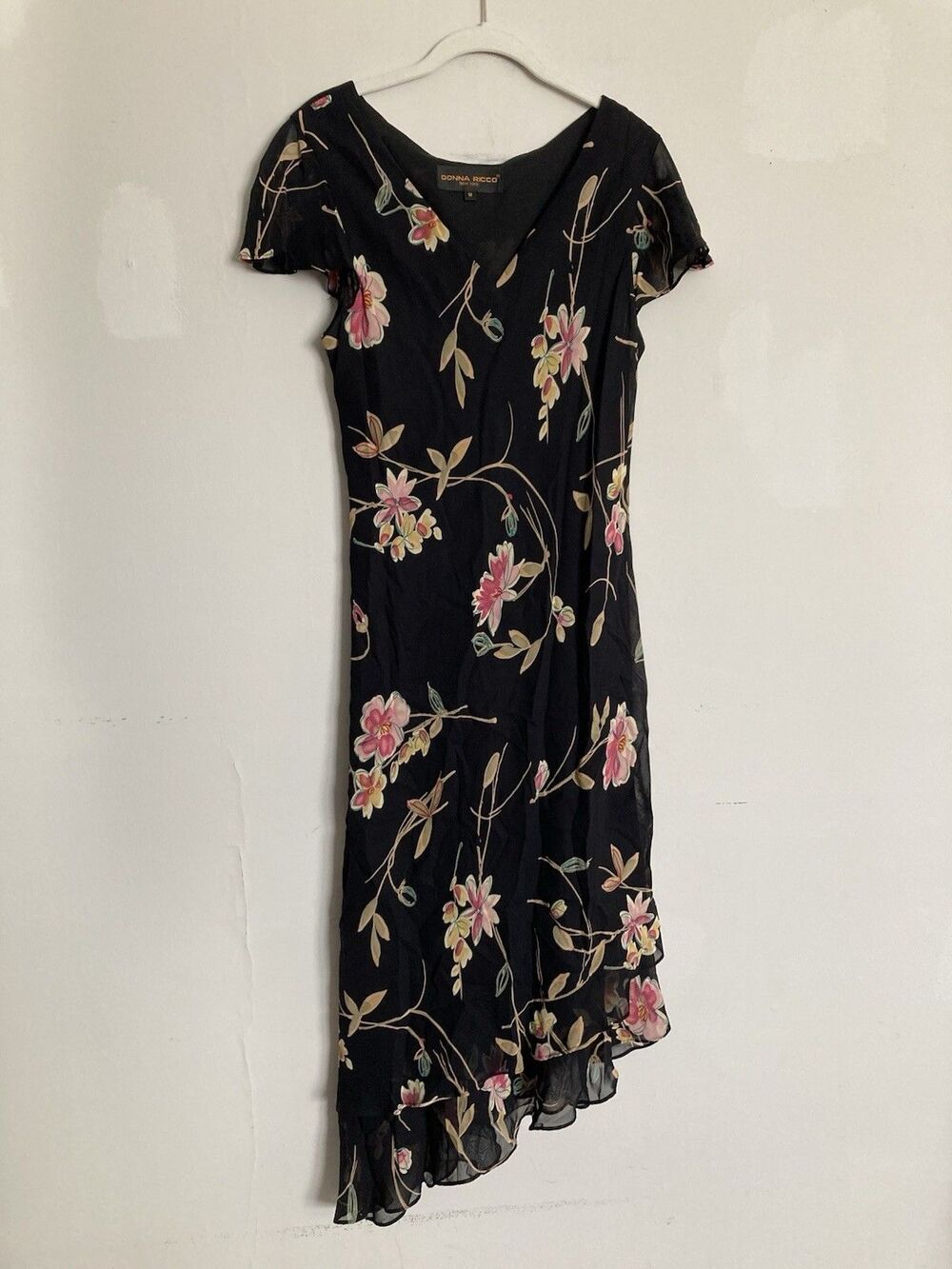 Vintage Donna Ricco Bias Cut Asymmetrical Dress 12 Flutter Sleeve Black Floral